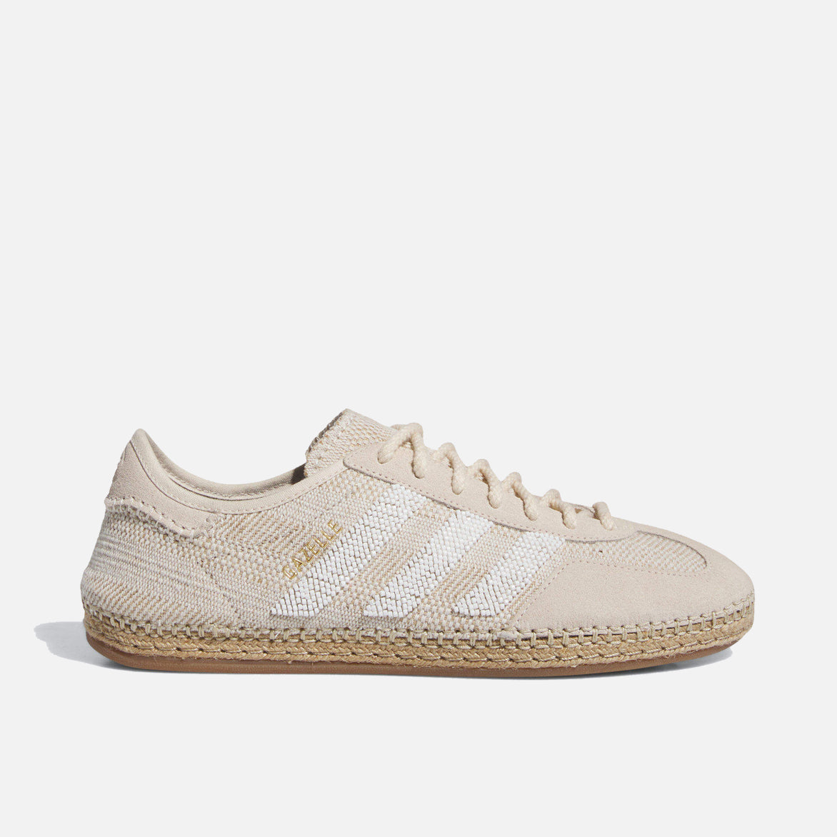 Side view of Adidas CLOT Gazelle Halo Ivory sneakers highlighting the embroidered glass beaded stripes