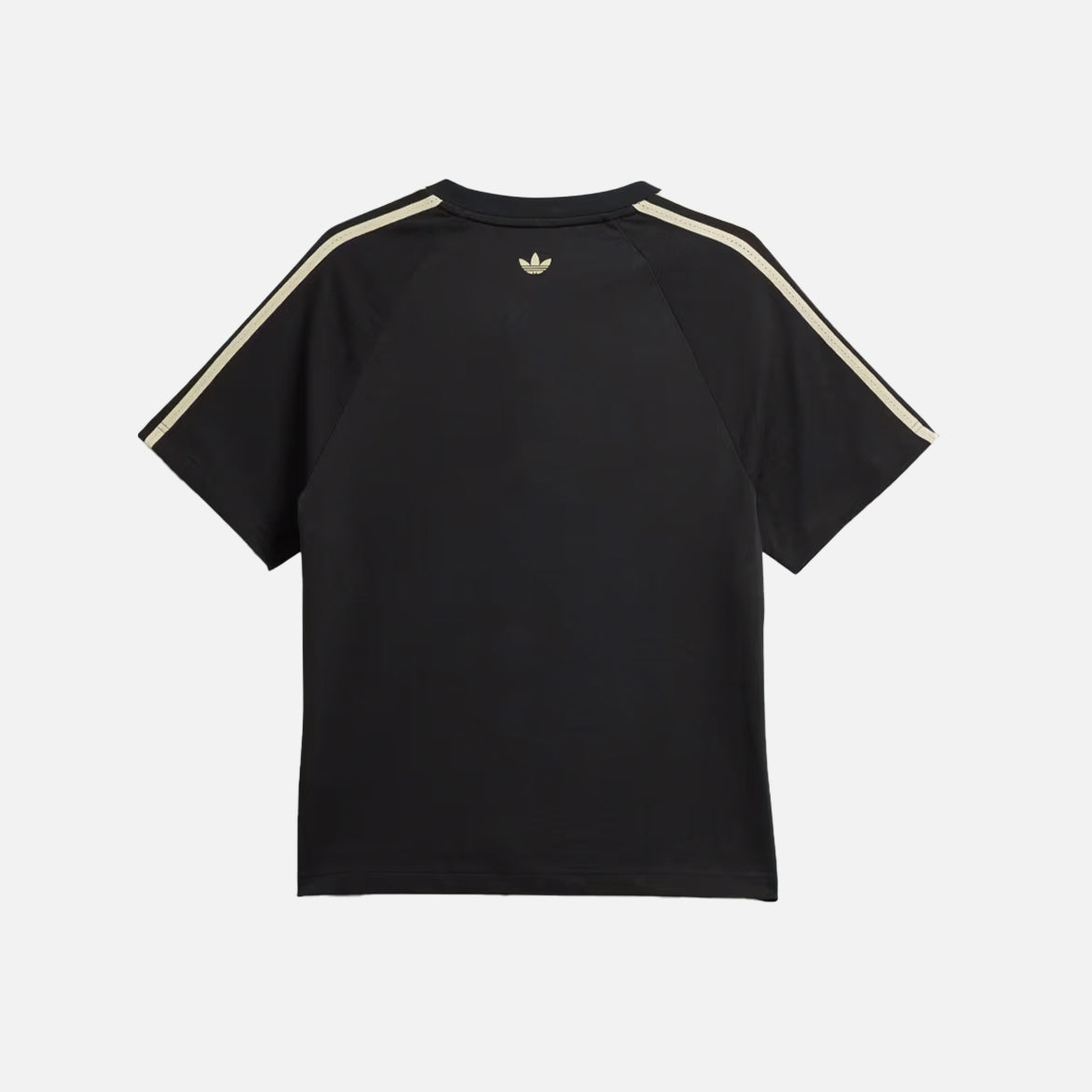 Close-up of the embroidered Trefoil logo on the back neck of the Wales Bonner x Adidas black tee.
