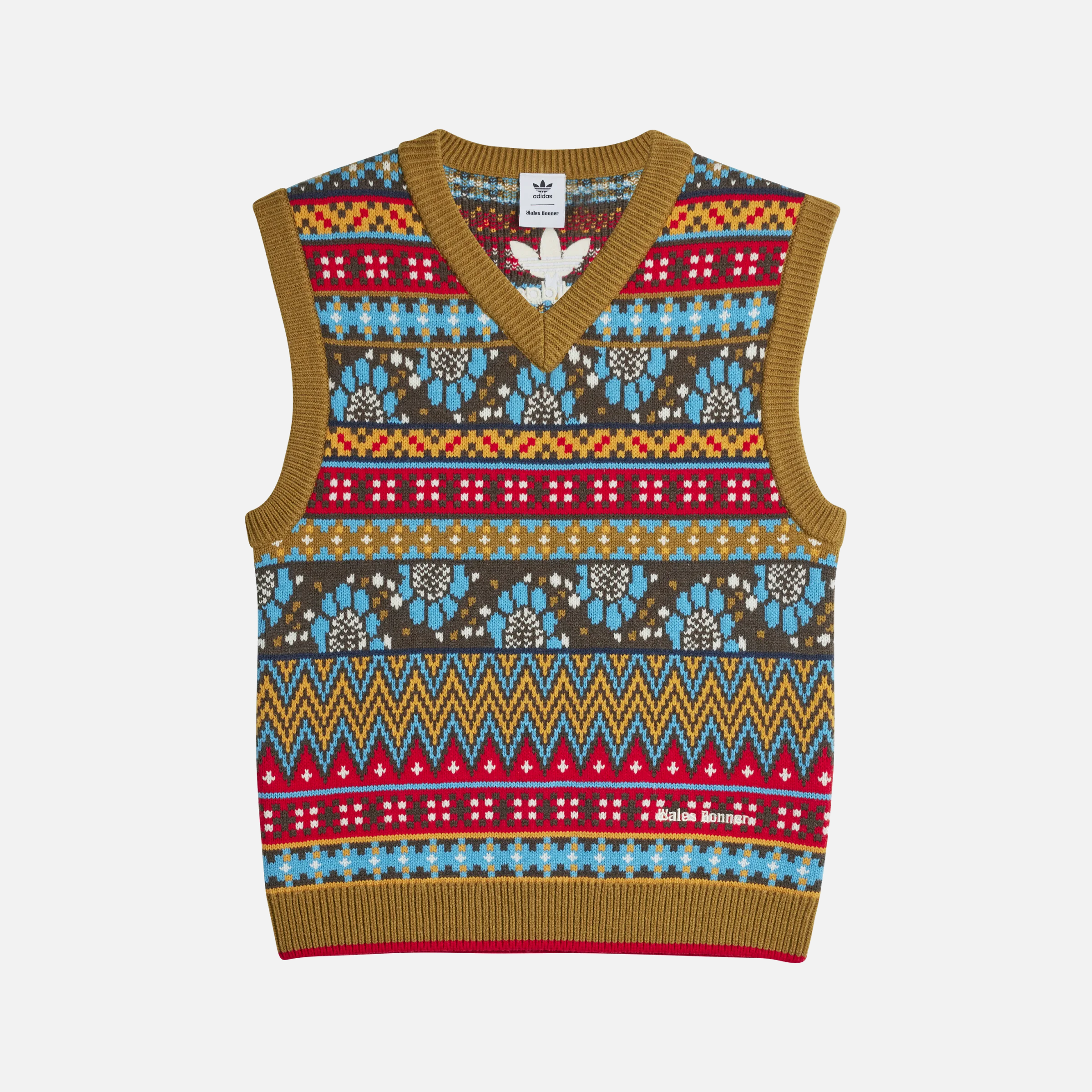 Front view of Wales Bonner x Adidas multicolor knit vest highlighting the vibrant pattern