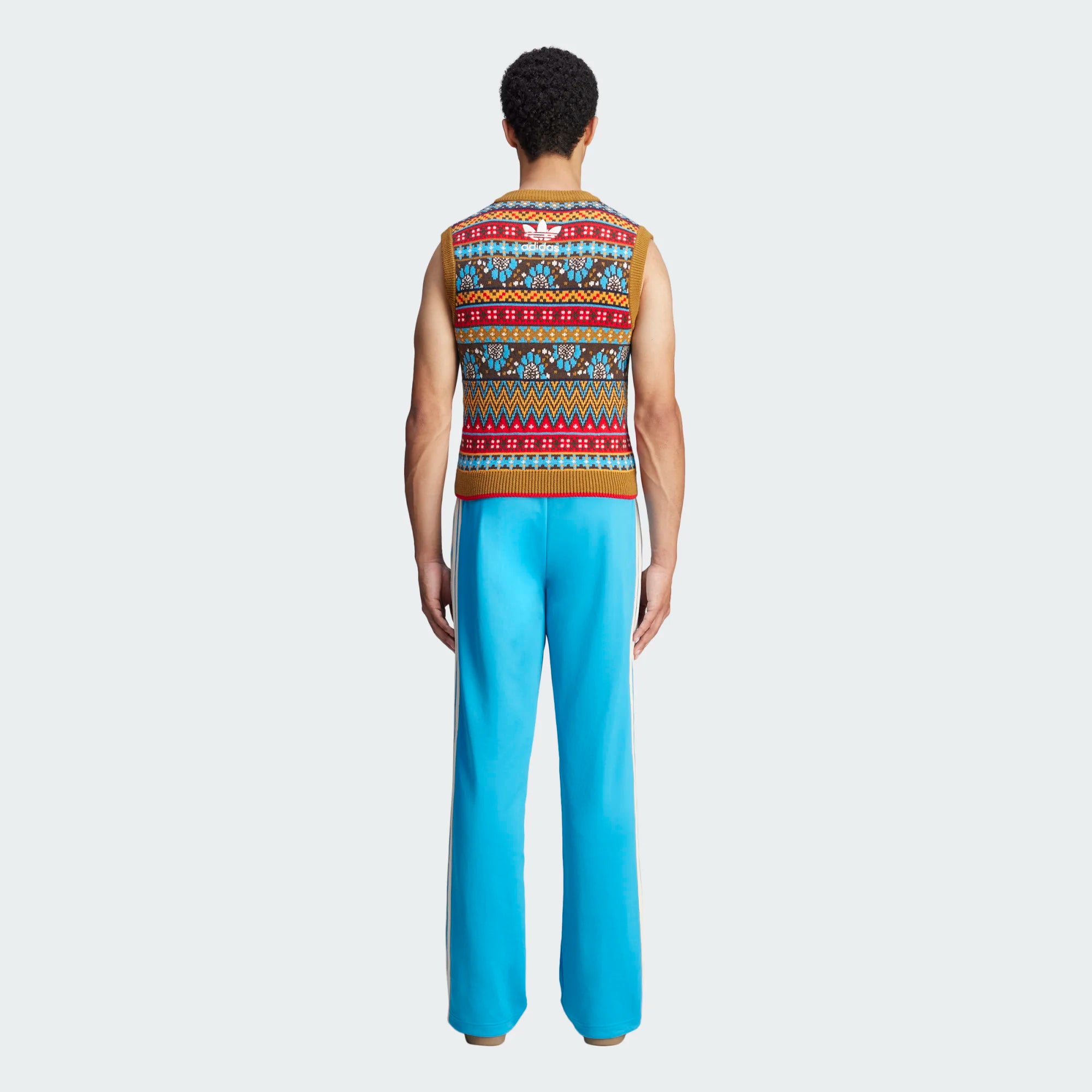 Front view of Wales Bonner x Adidas multicolor knit vest highlighting the vibrant pattern
