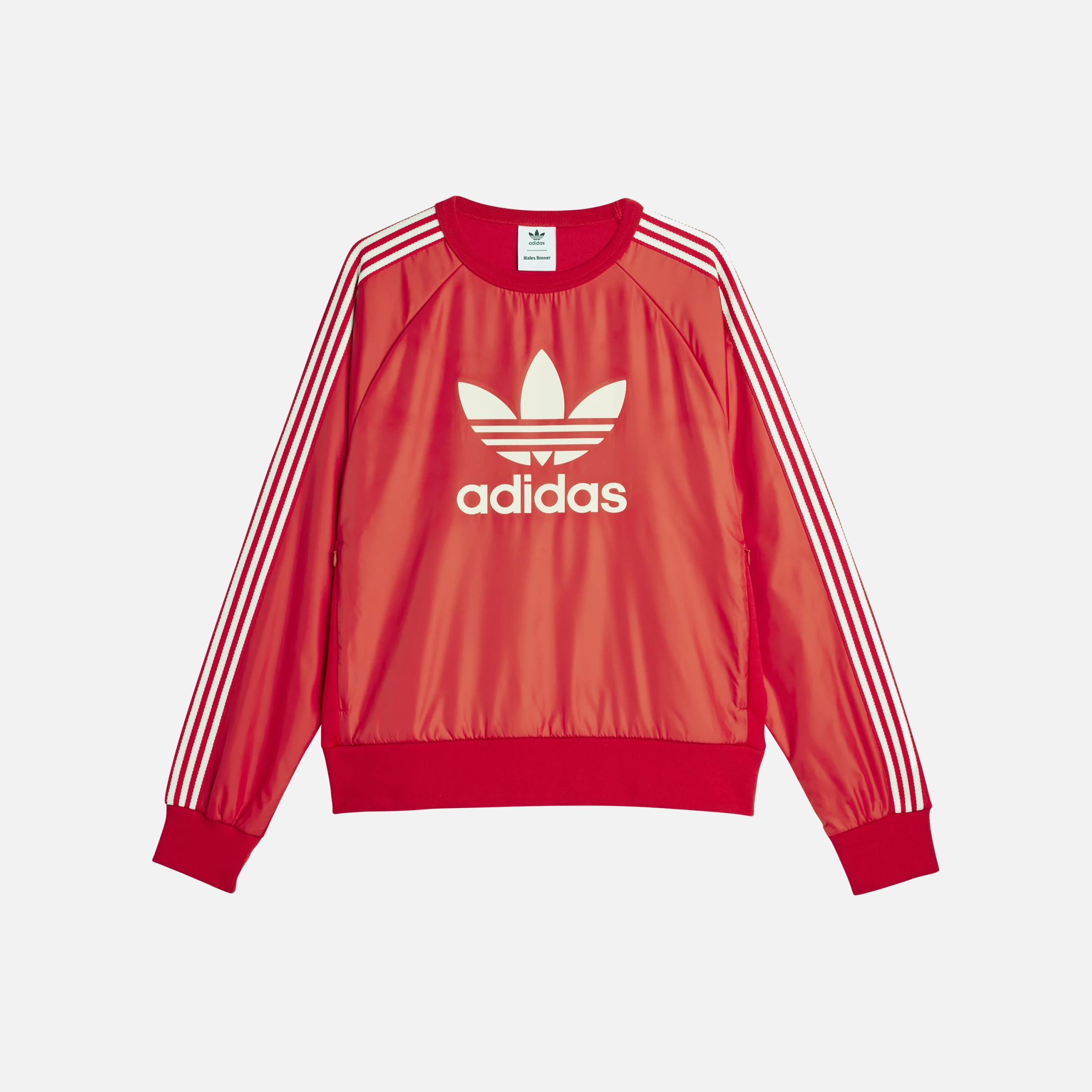 Front view of the Wales Bonner adidas nylon crew jersey in better scarlet, showcasing crochet 3-Stripes and Trefoil logo