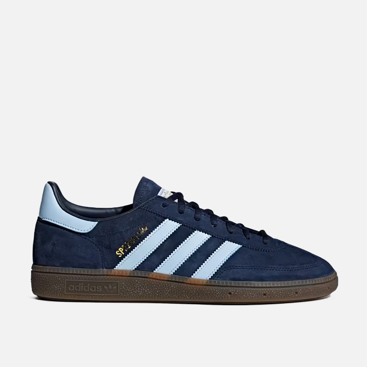 Front view of blue suede sneakers with tonal laces and vintage design
