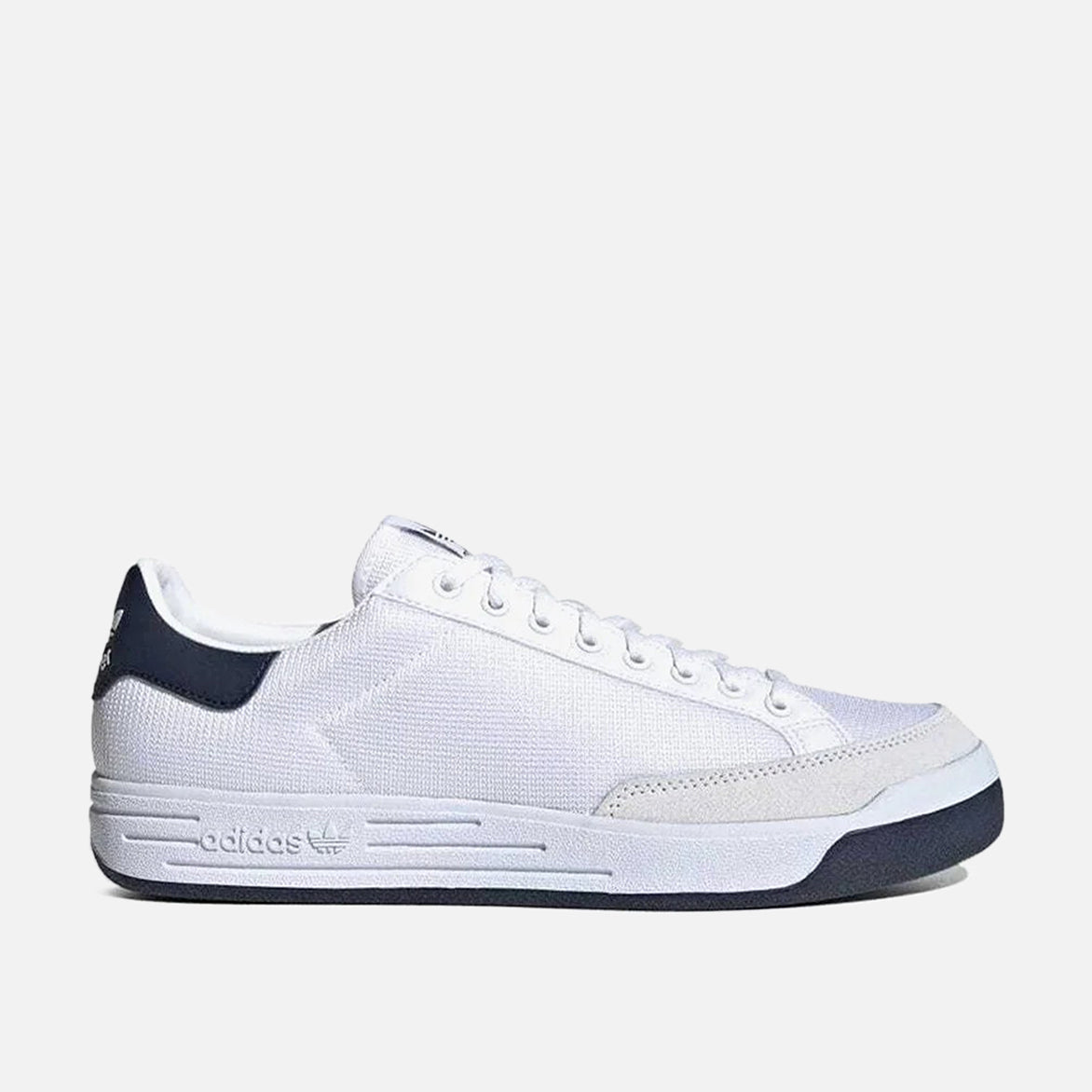 Adidas Rod Laver sneakers side view highlighting the white mesh and navy accents.
