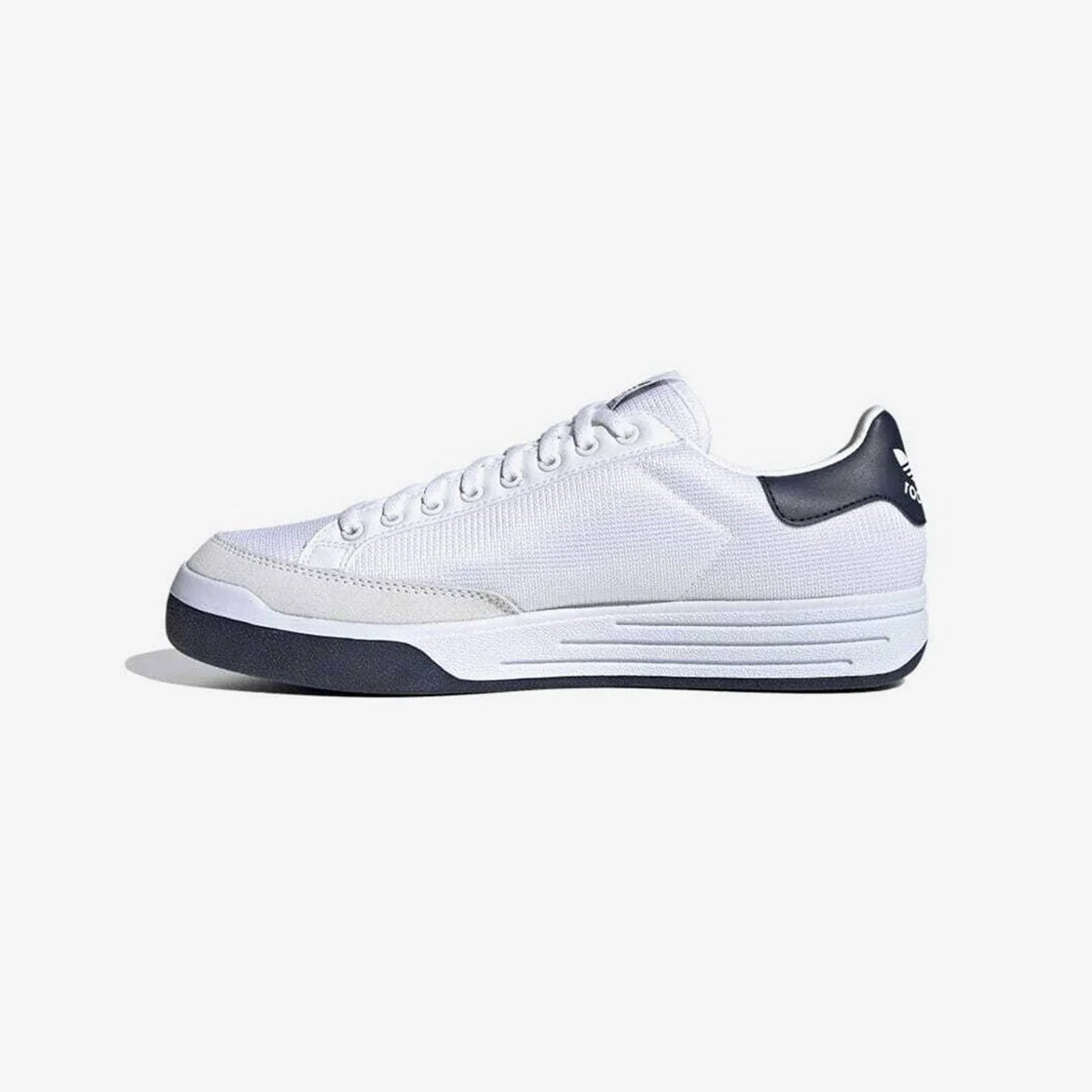 Adidas Rod Laver sneakers side view highlighting the white mesh and navy accents.