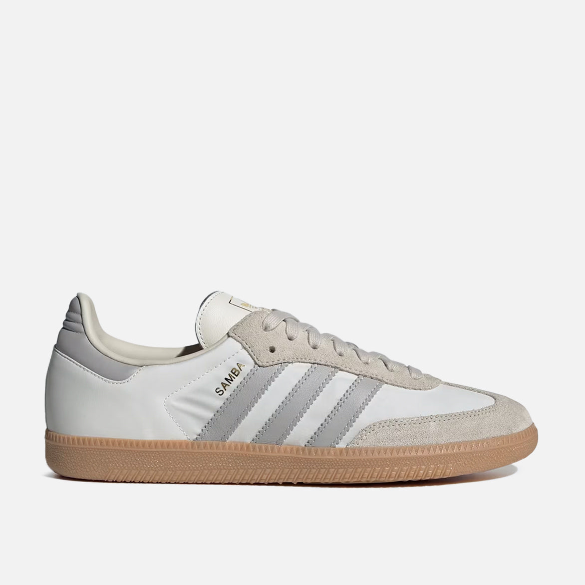 Adidas Samba OG sneakers in off white and grey showing side profile for street style