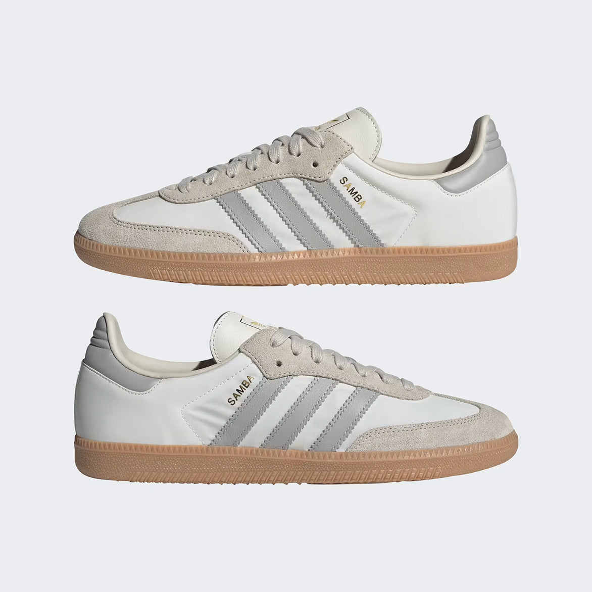 Close-up of the gum rubber outsole and branding details on Adidas Samba OG shoes