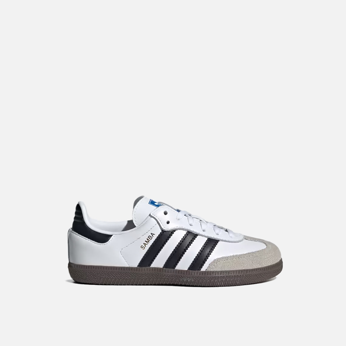 Side view of Samba OG kids sneakers showing white leather and black stripes