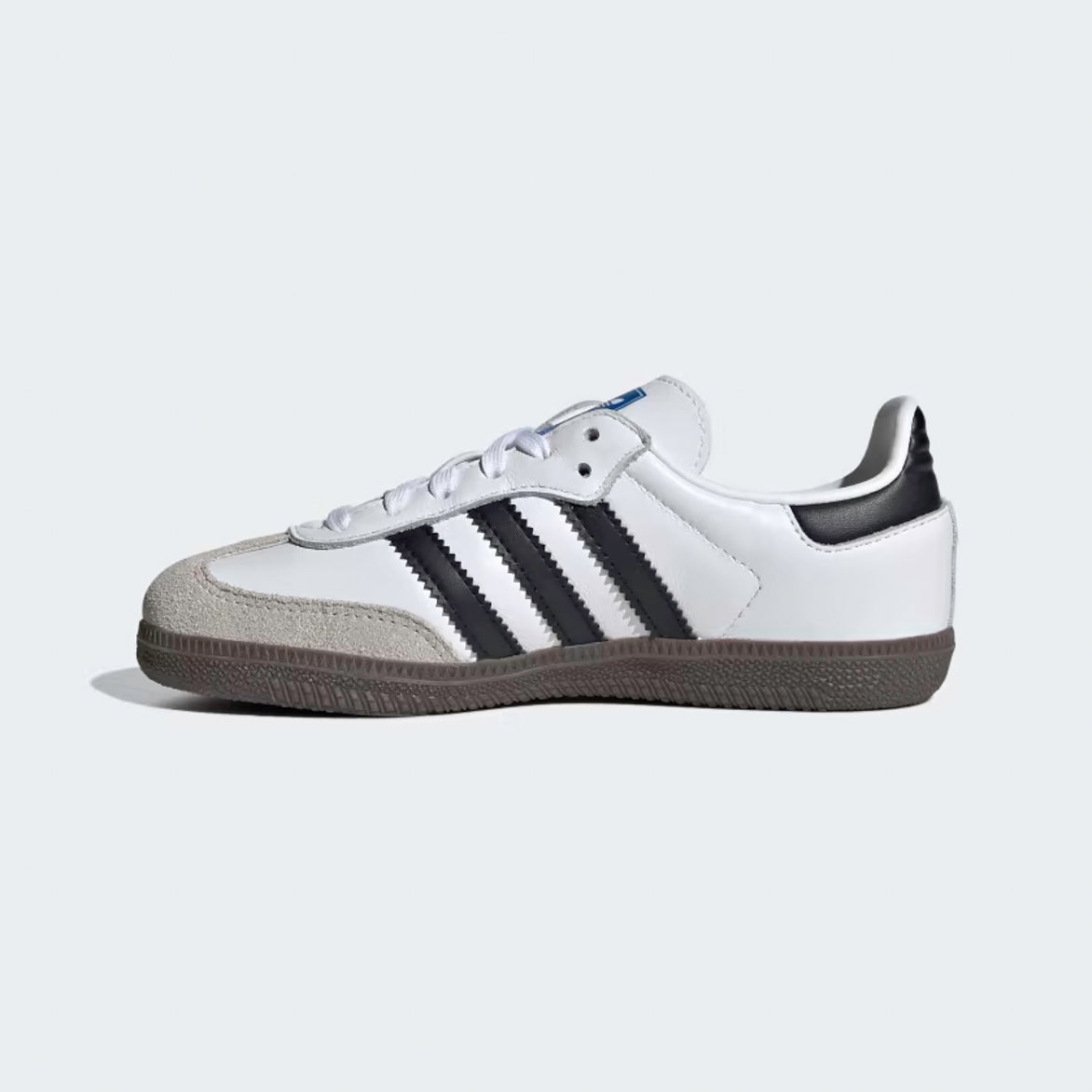 Top-down angle of Samba OG kids shoes highlighting Bluebird tongue tag and laces