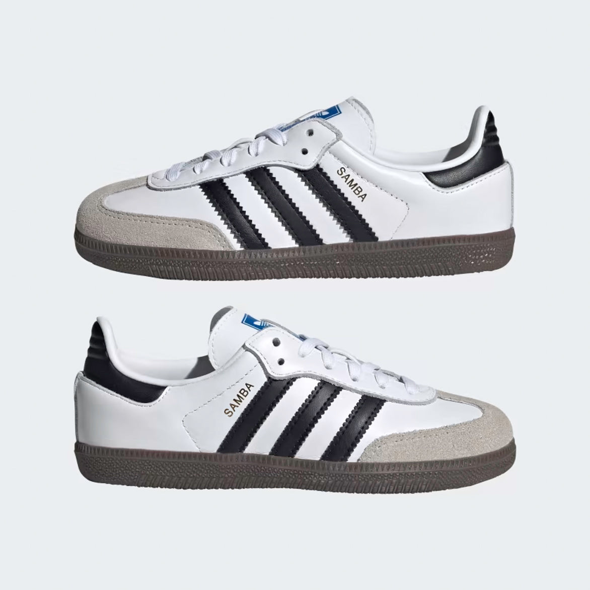 Top-down angle of Samba OG kids shoes highlighting Bluebird tongue tag and laces