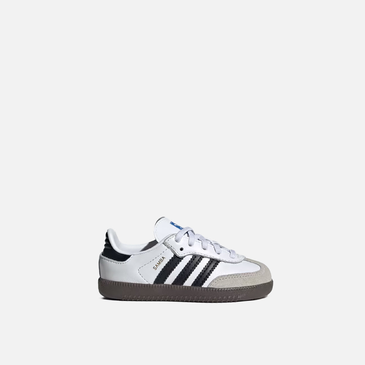 Side view of Adidas Samba OG kids sneakers in Running White and Core Black, highlighting the sleek design.