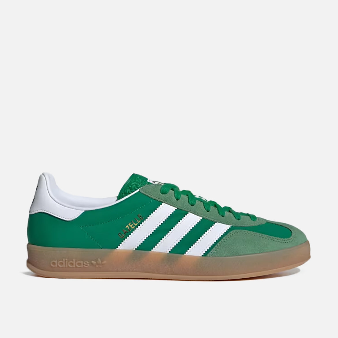 Side view of Gazelle Indoor sneakers showcasing the green suede and gum sole.
