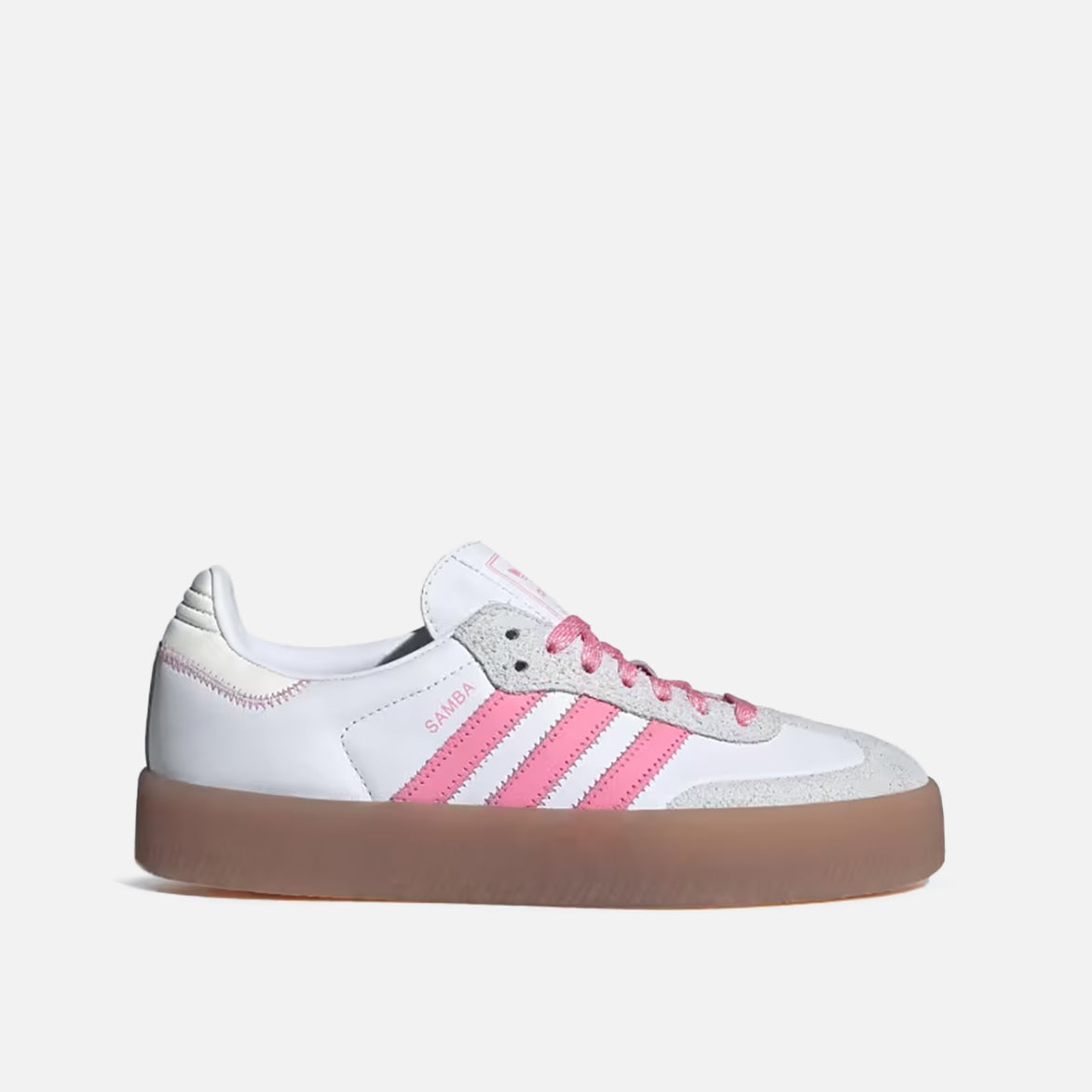 Side view of Adidas Sambae women’s sneakers in white and pink with chunky sole