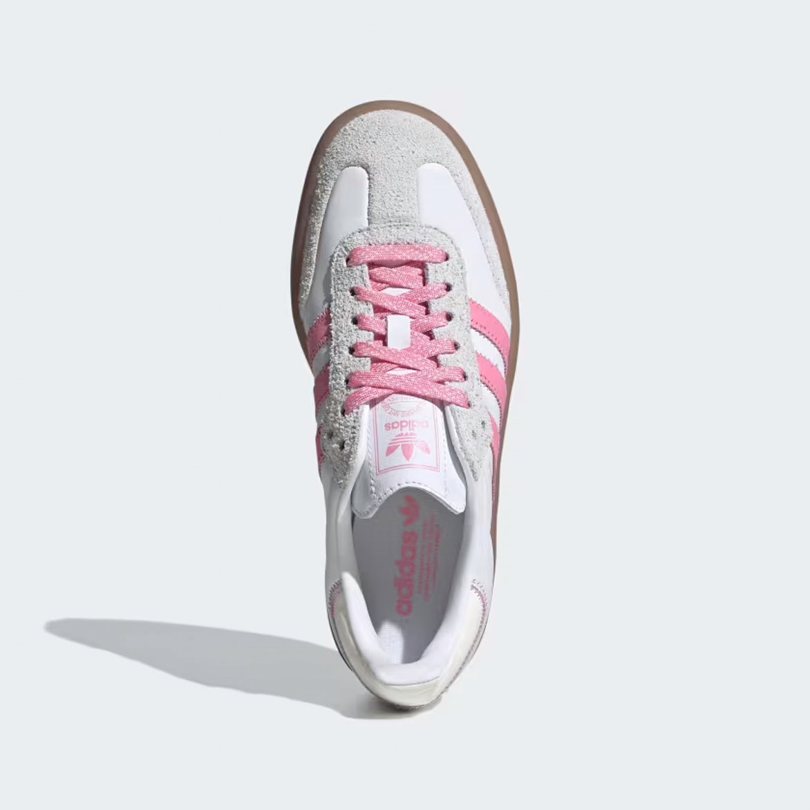 Side view of Adidas Sambae women’s sneakers in white and pink with chunky sole