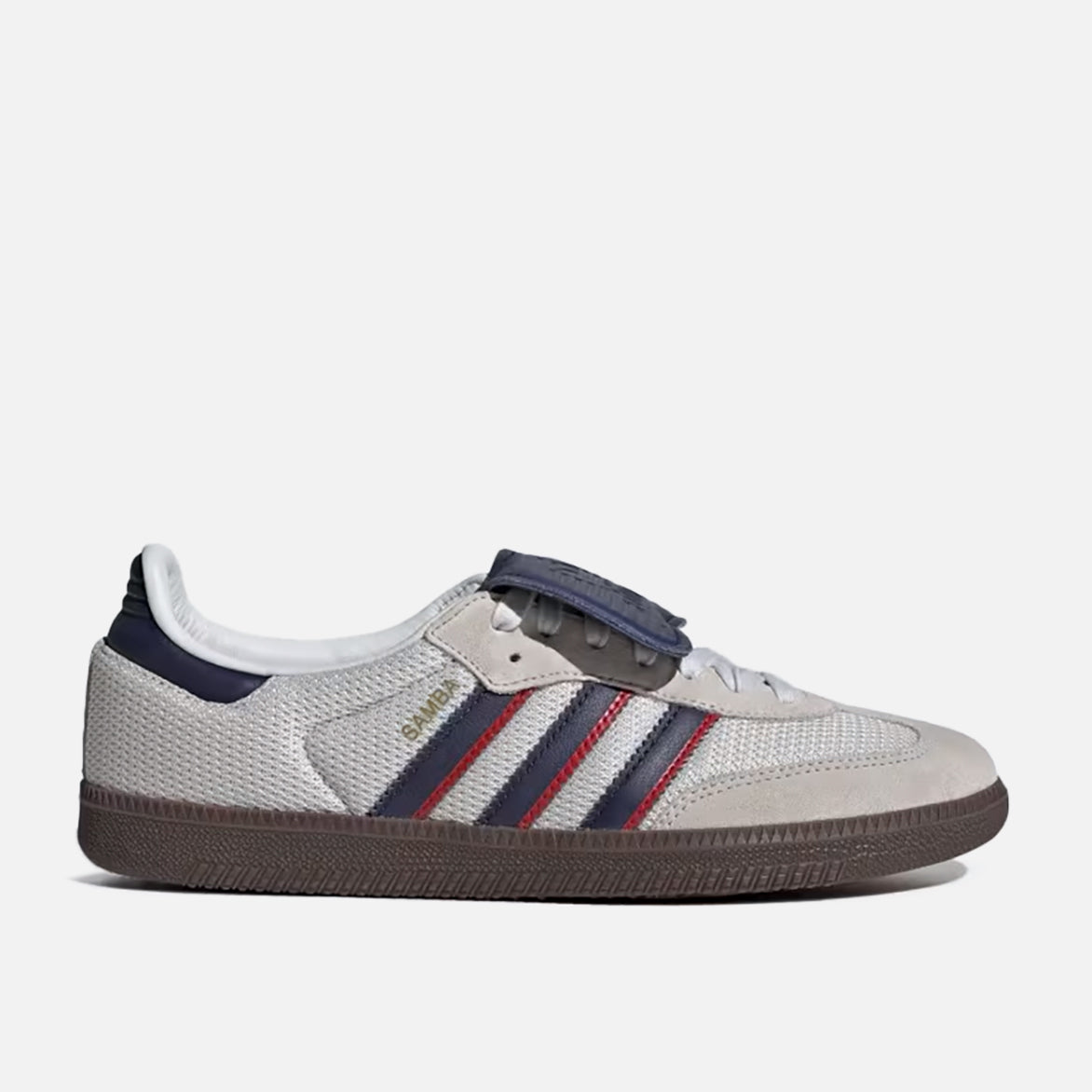 Top-down shot of adidas samba og crystal white dark blue gum sole on wooden floor with natural light
