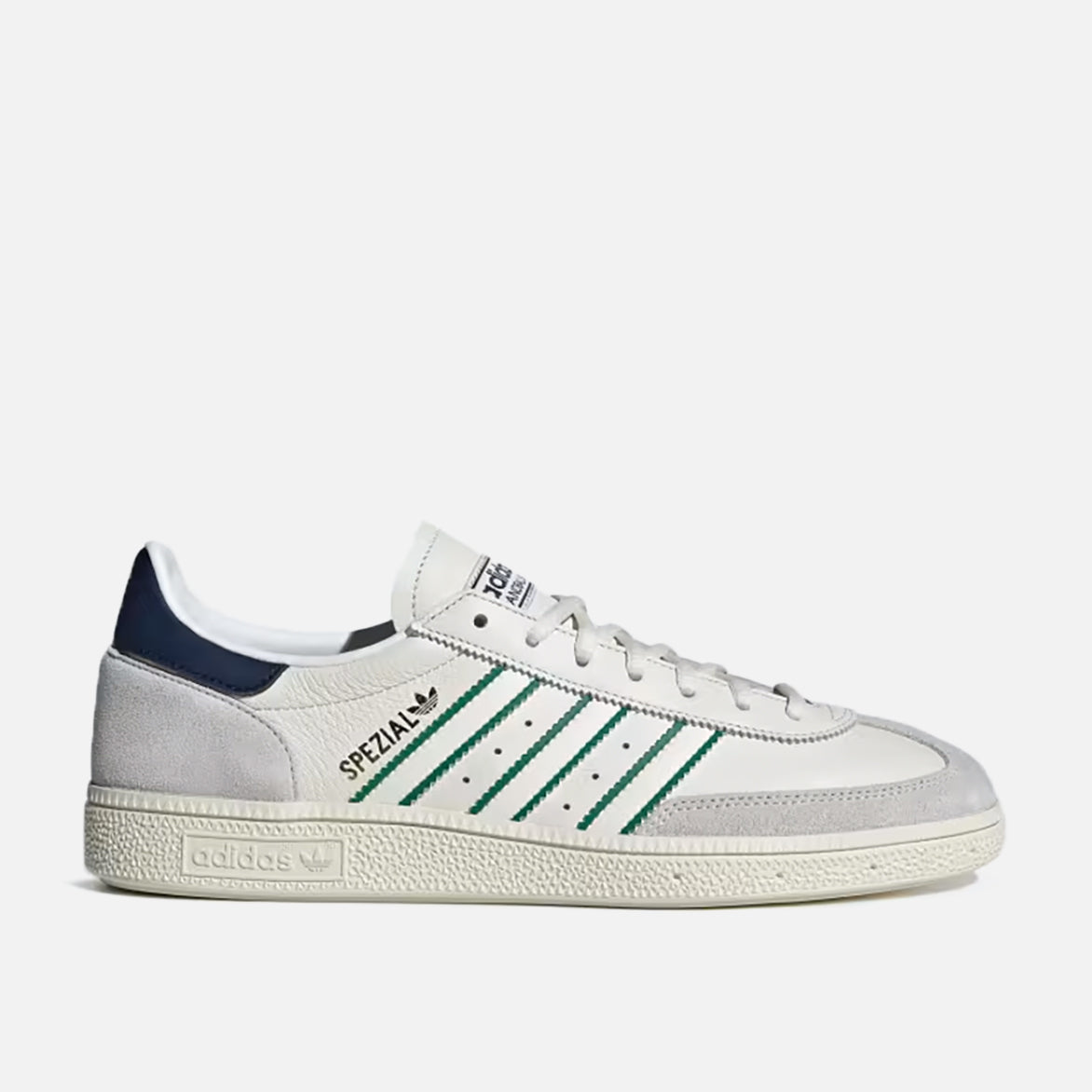 Handball Spezial Retro Sneakers in Core White with Green and Night Indigo accents, showcasing the side view.