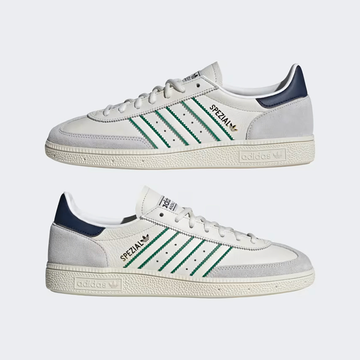 Handball Spezial Retro Sneakers in Core White with Green and Night Indigo accents, showcasing the side view.