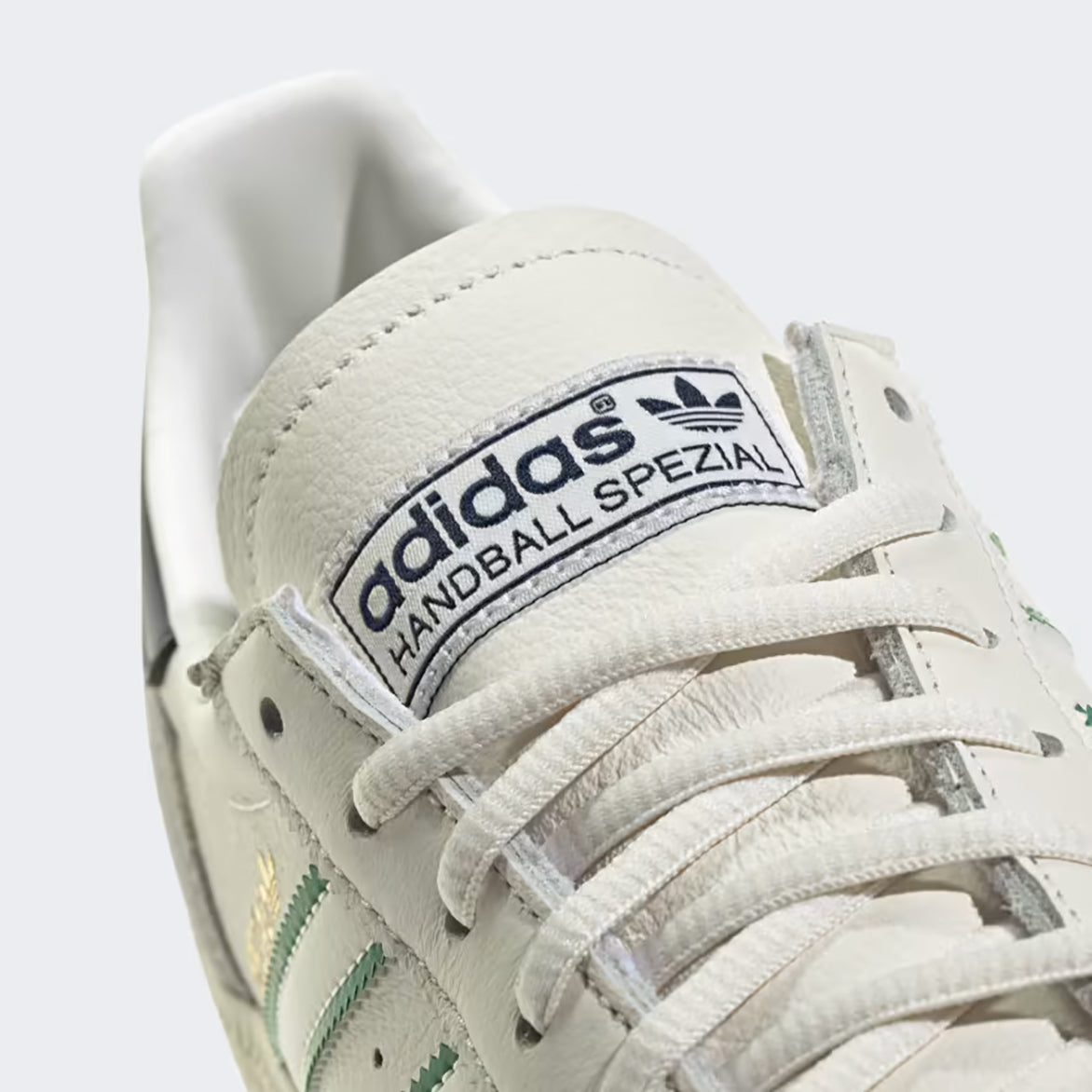 Close-up of the Handball Spezials grey suede toe and heel panels, highlighting the vintage craftsmanship.