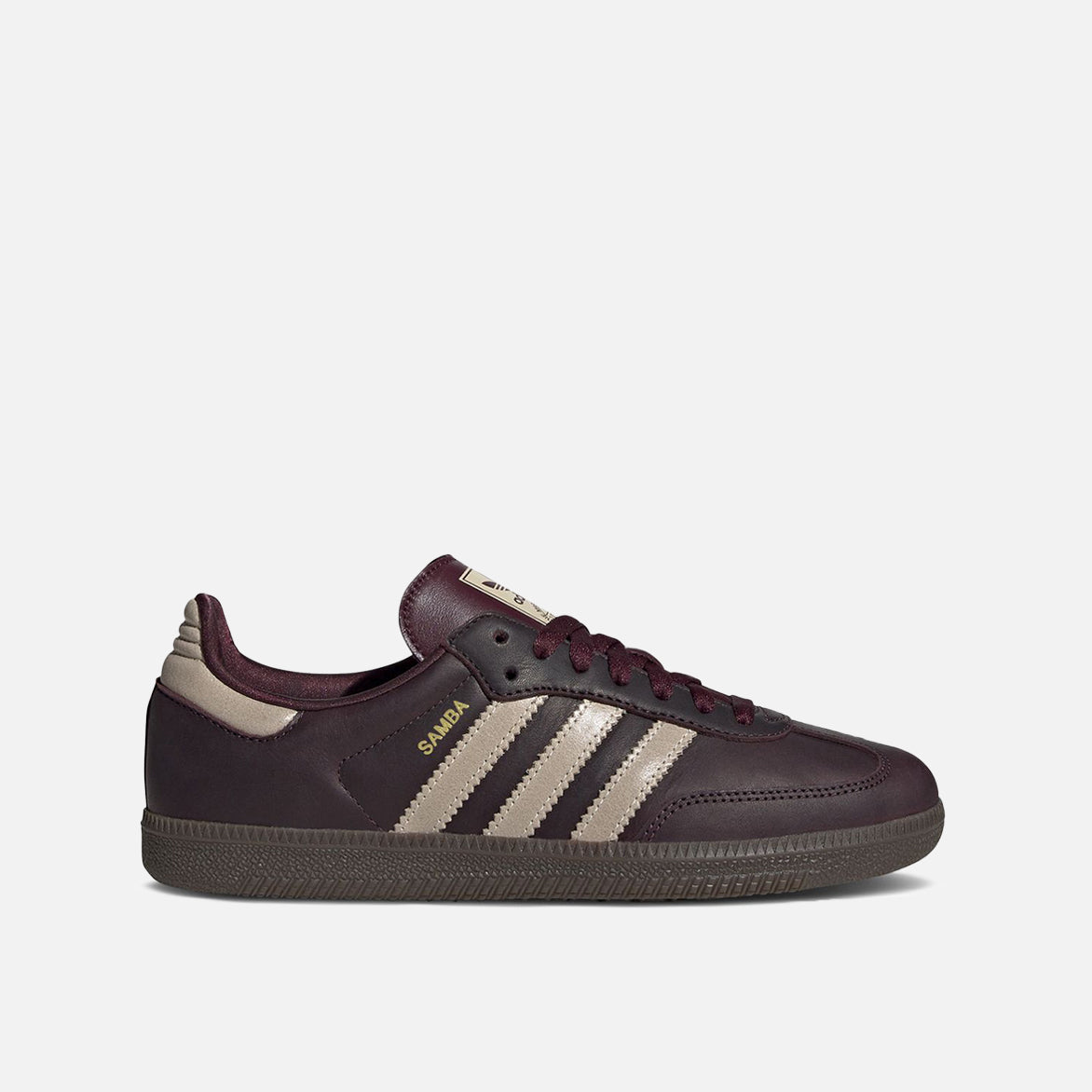Adidas Samba OG women's sneakers in maroon leather with shiny accents from side view