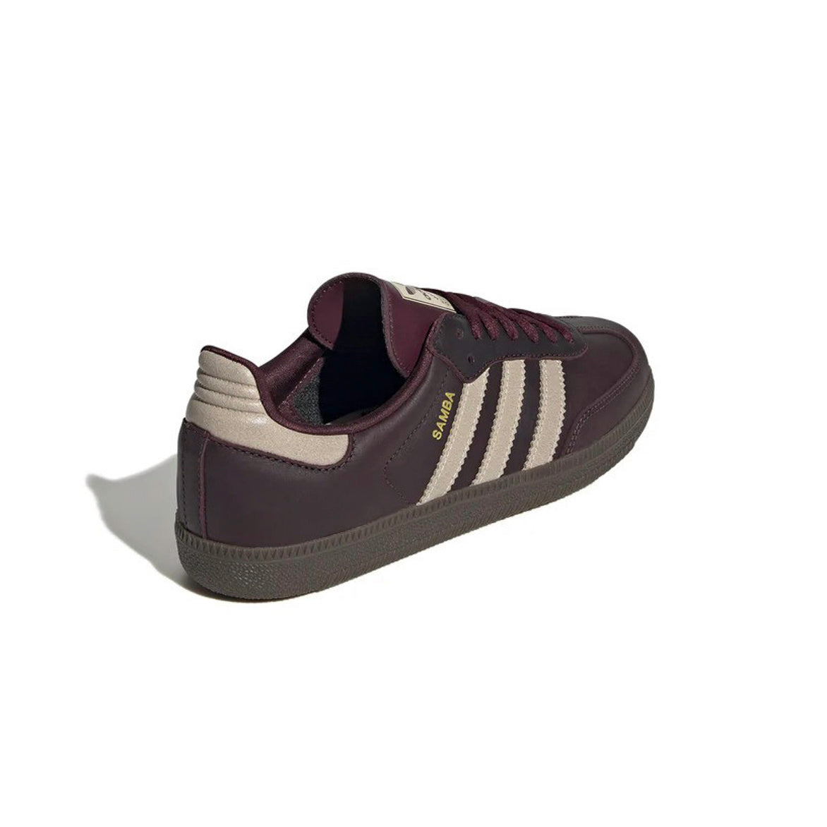 Adidas Samba OG womens sneakers in maroon leather with shiny accents from side view
