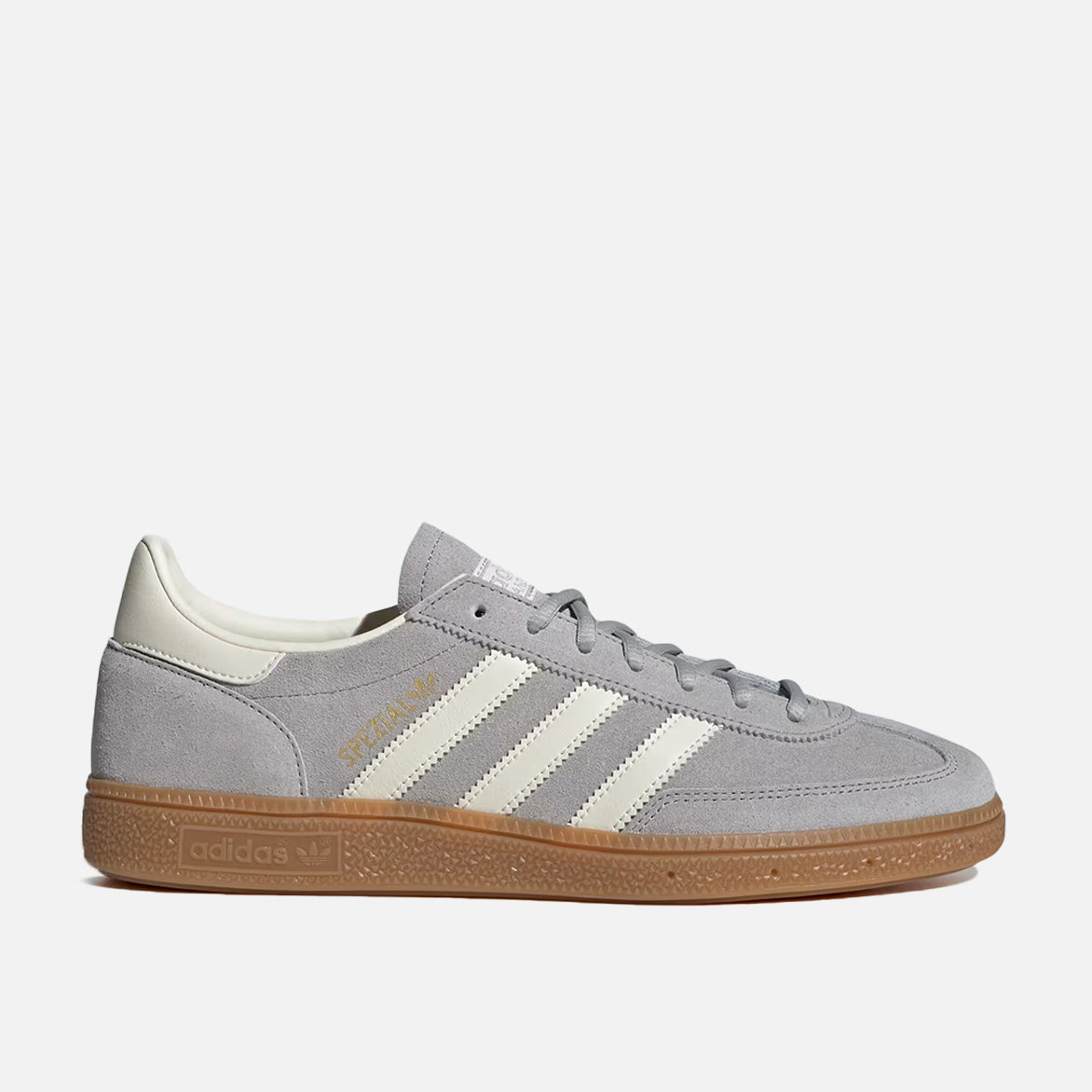 Side view of vintage grey white handball Spezial sneakers with suede and leather details