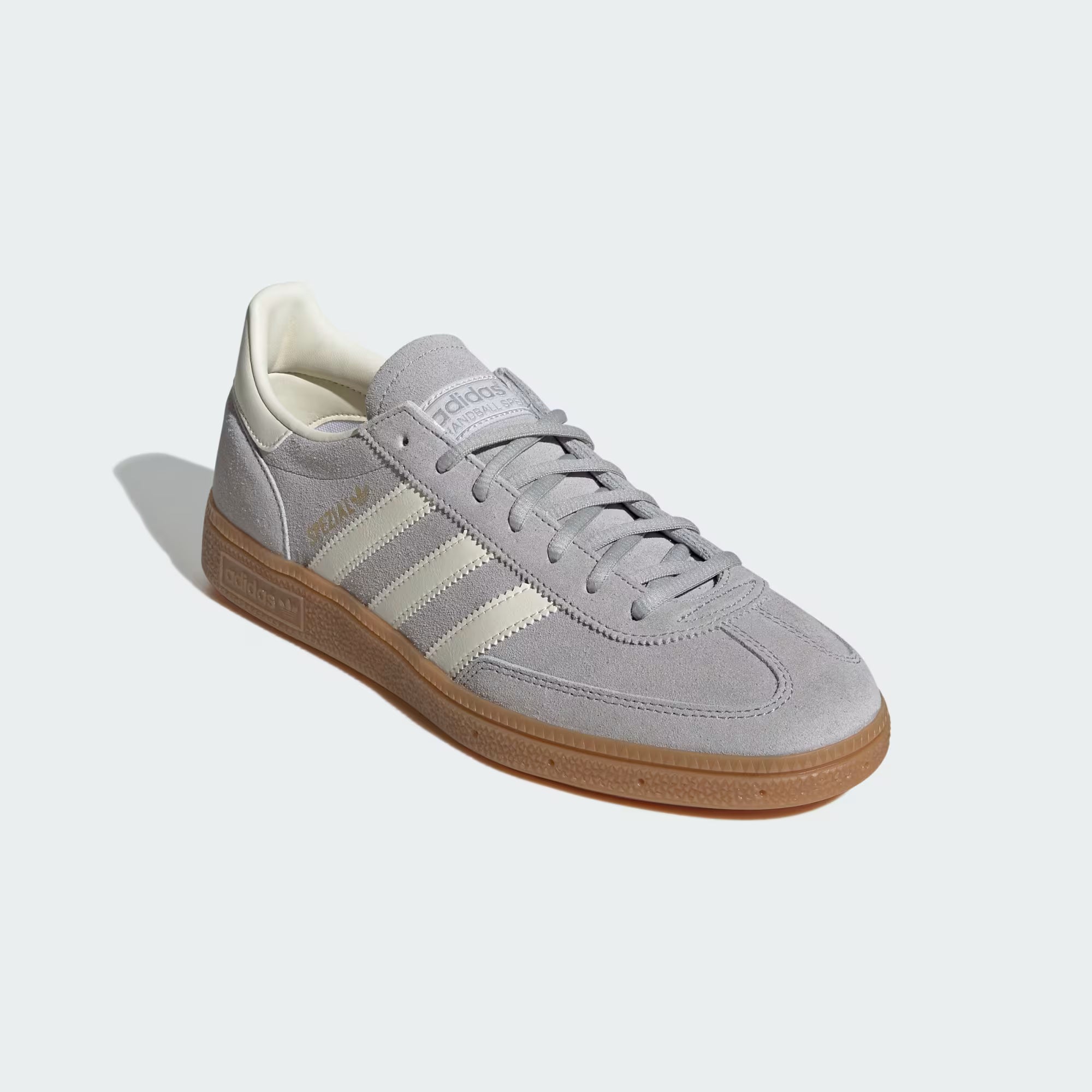 Top-down shot of the grey suede upper and white accents on the retro sneakers