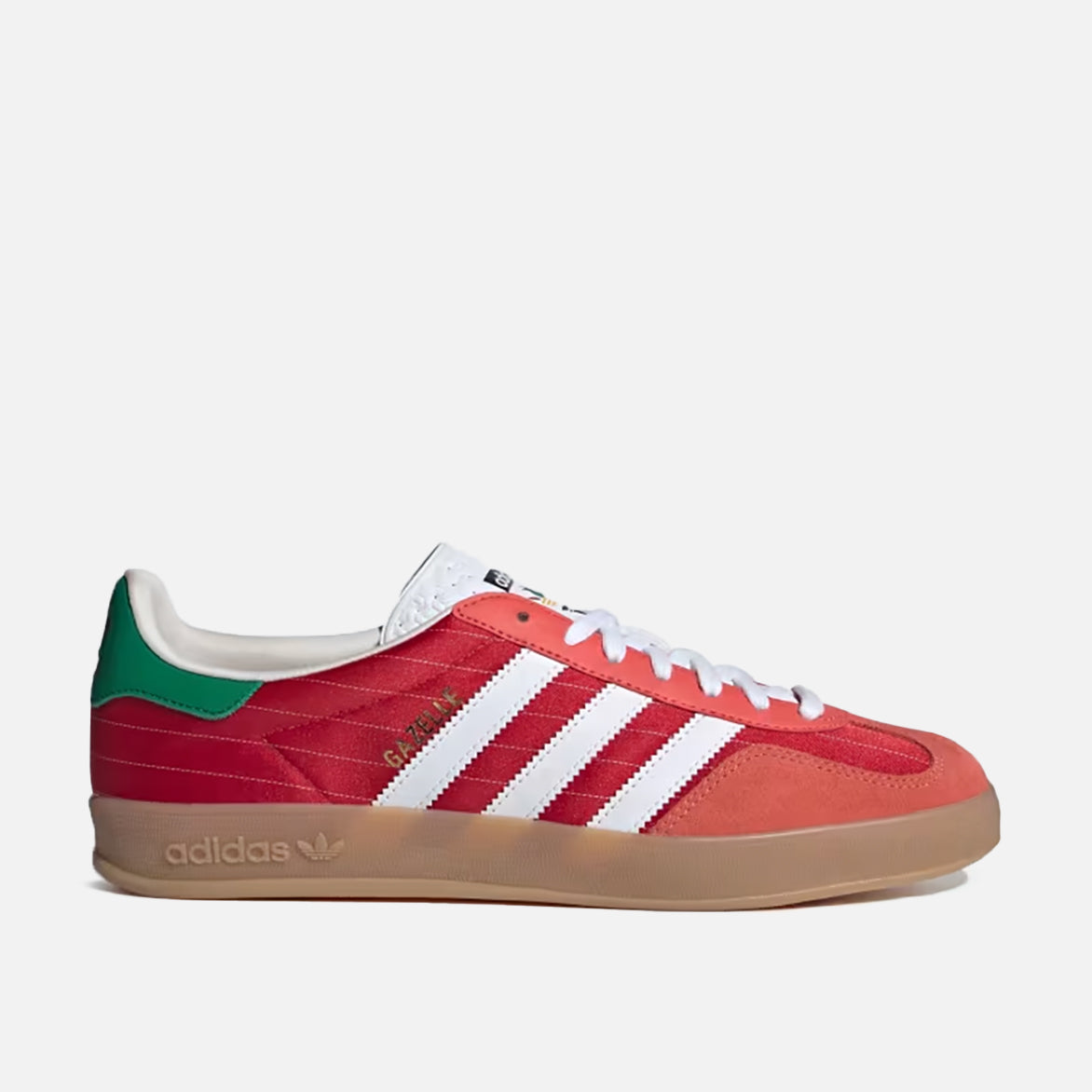 Adidas Gazelle Indoor sneakers in Better Scarlet and Cloud White, showcasing the side view with Three Stripes.