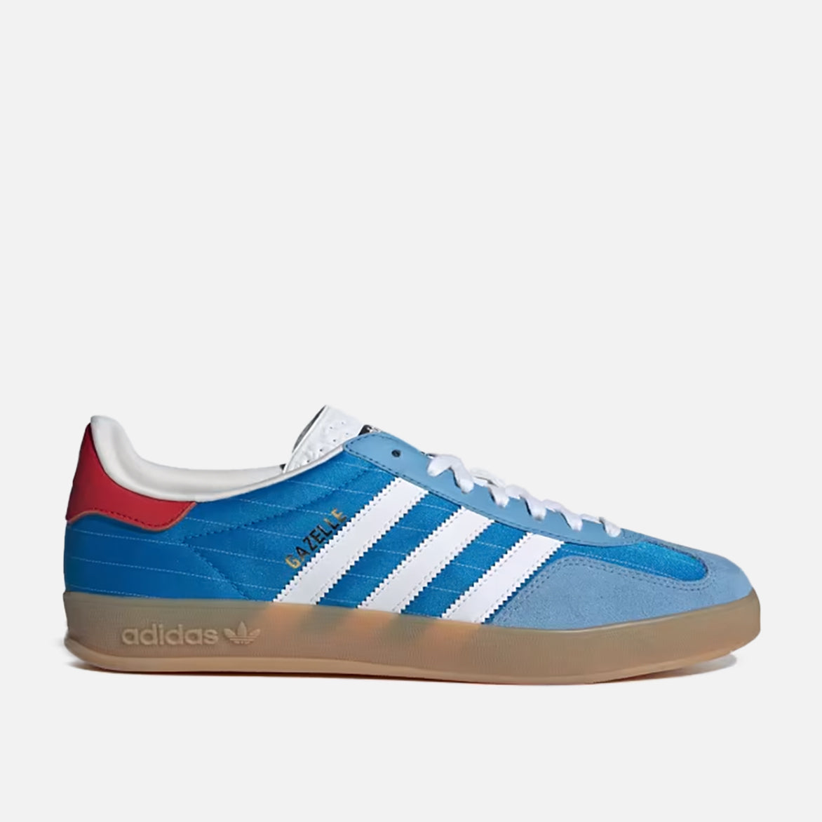 Adidas Gazelle Indoor bright blue sneakers with white leather Three Stripes and gum sole from the side angle.
