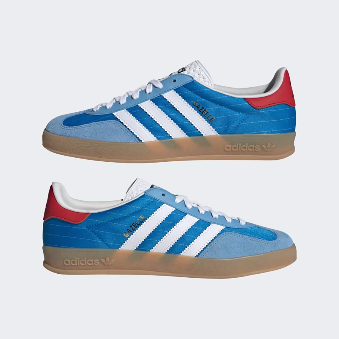 Adidas Gazelle Indoor bright blue sneakers with white leather Three Stripes and gum sole from the side angle.