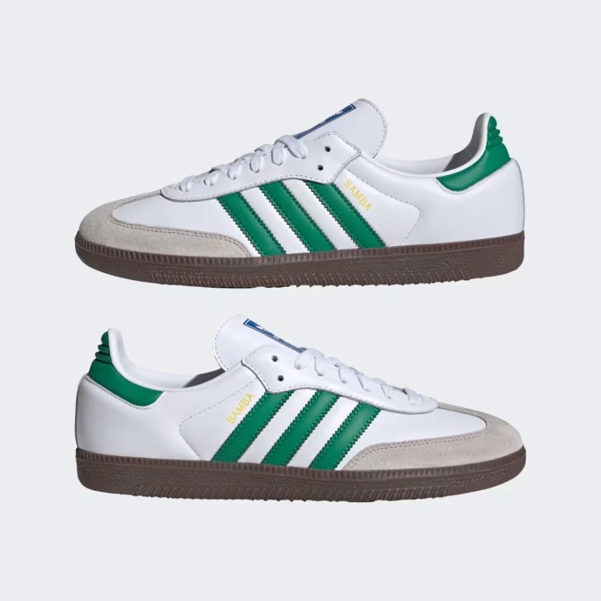 Top-down view highlighting the green leather 3-Stripes and gum outsole of the Adidas Samba OG