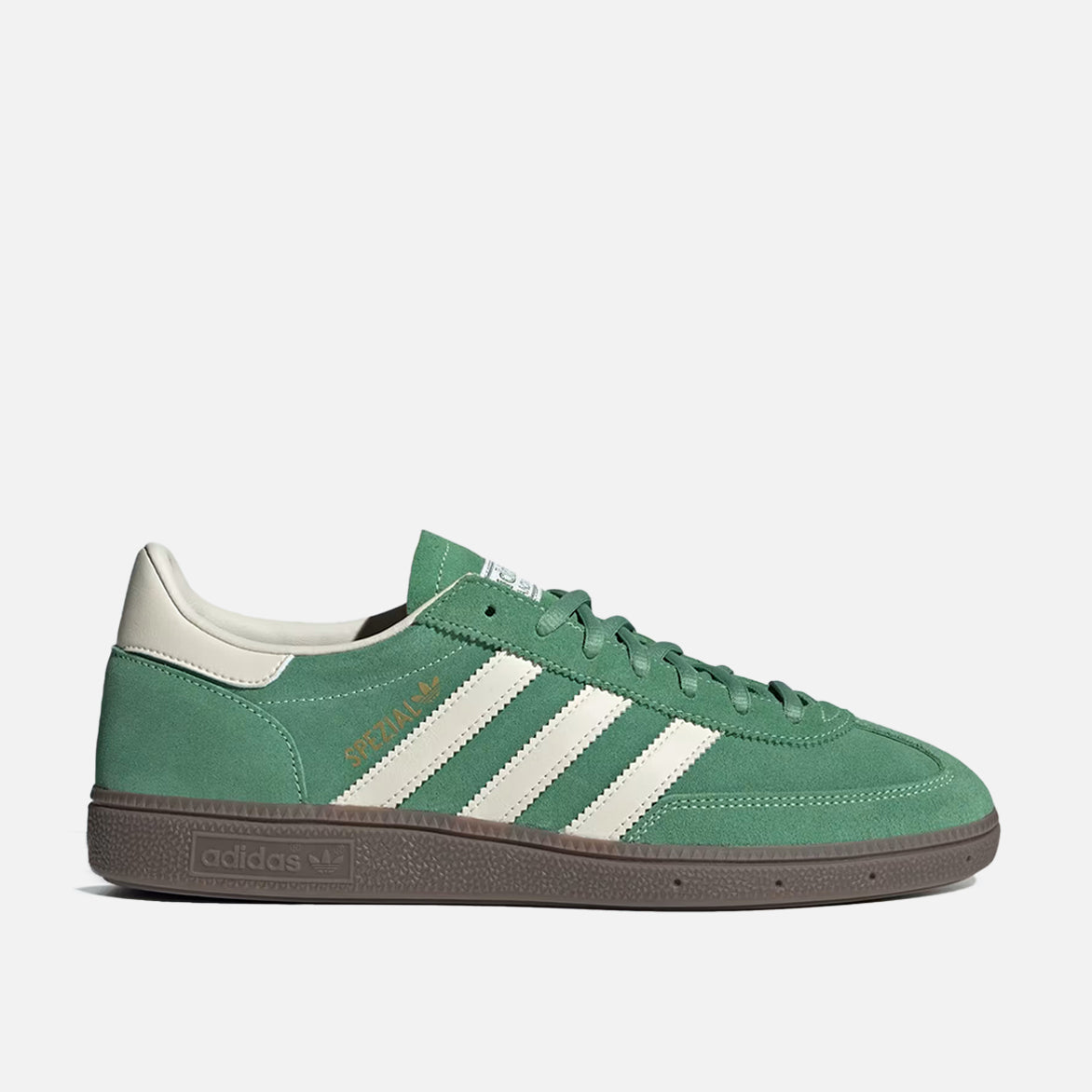 Side view of Handball Spezial vintage sneakers showcasing the green suede and cream leather details.