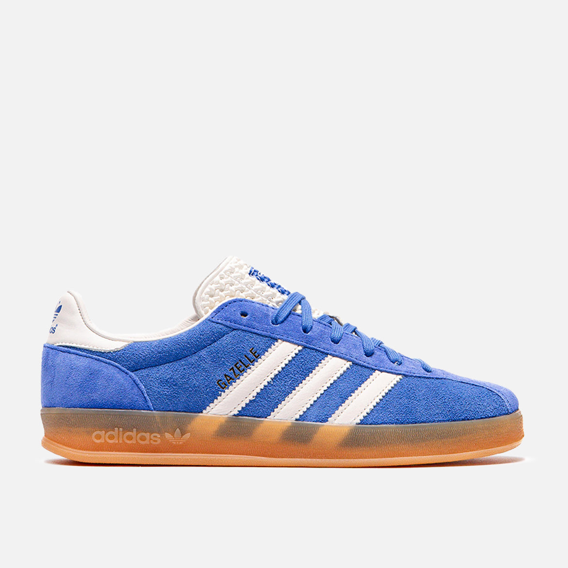 Side view of Gazelle Indoor Pro Power Blue sneakers highlighting the blue suede upper and white accents