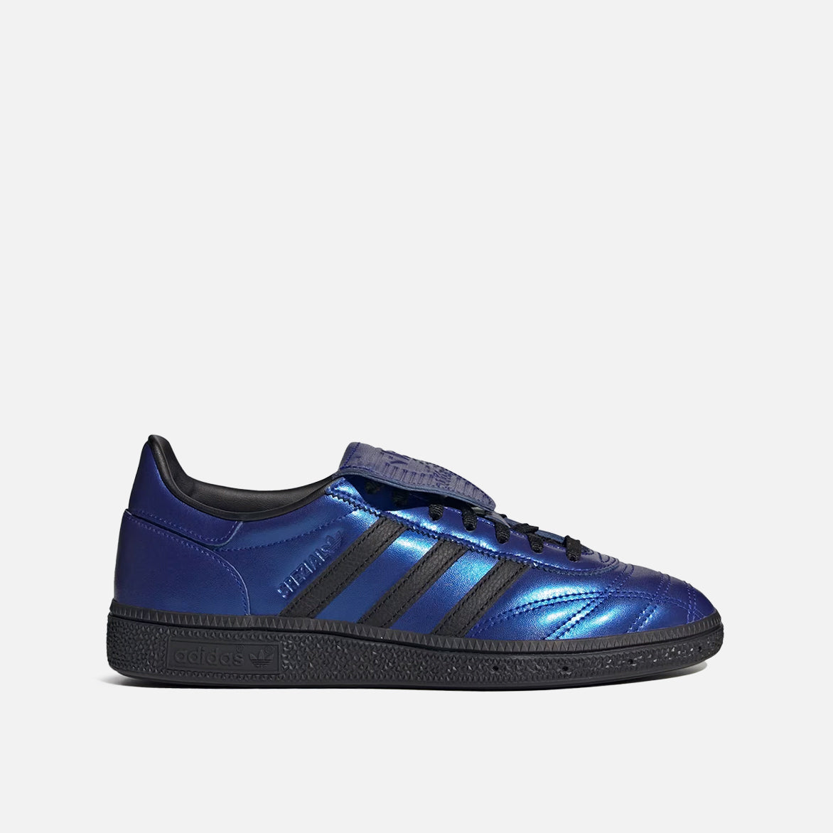 Close-up of women’s handball spezial sneakers showing textured blue tongue and black leather accents