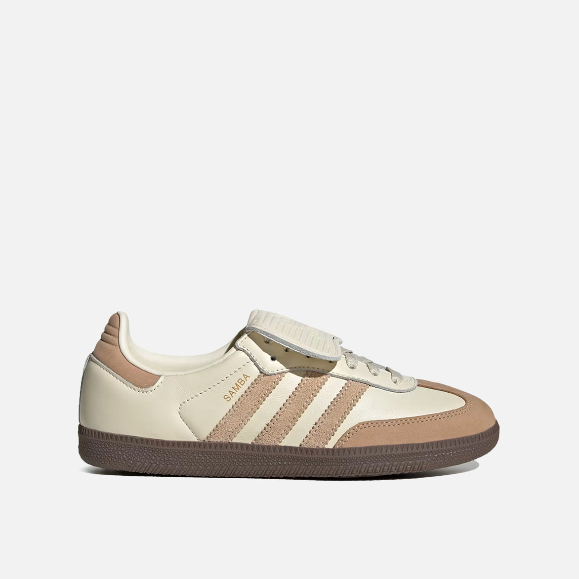Side view of Adidas Samba Long Tongue women's sneakers in cream white, perfect for indoor soccer.