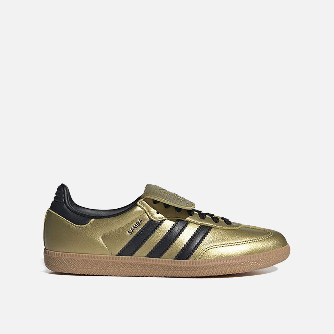 Women's metallic sneakers with gold leather finish and streetwear style, side view