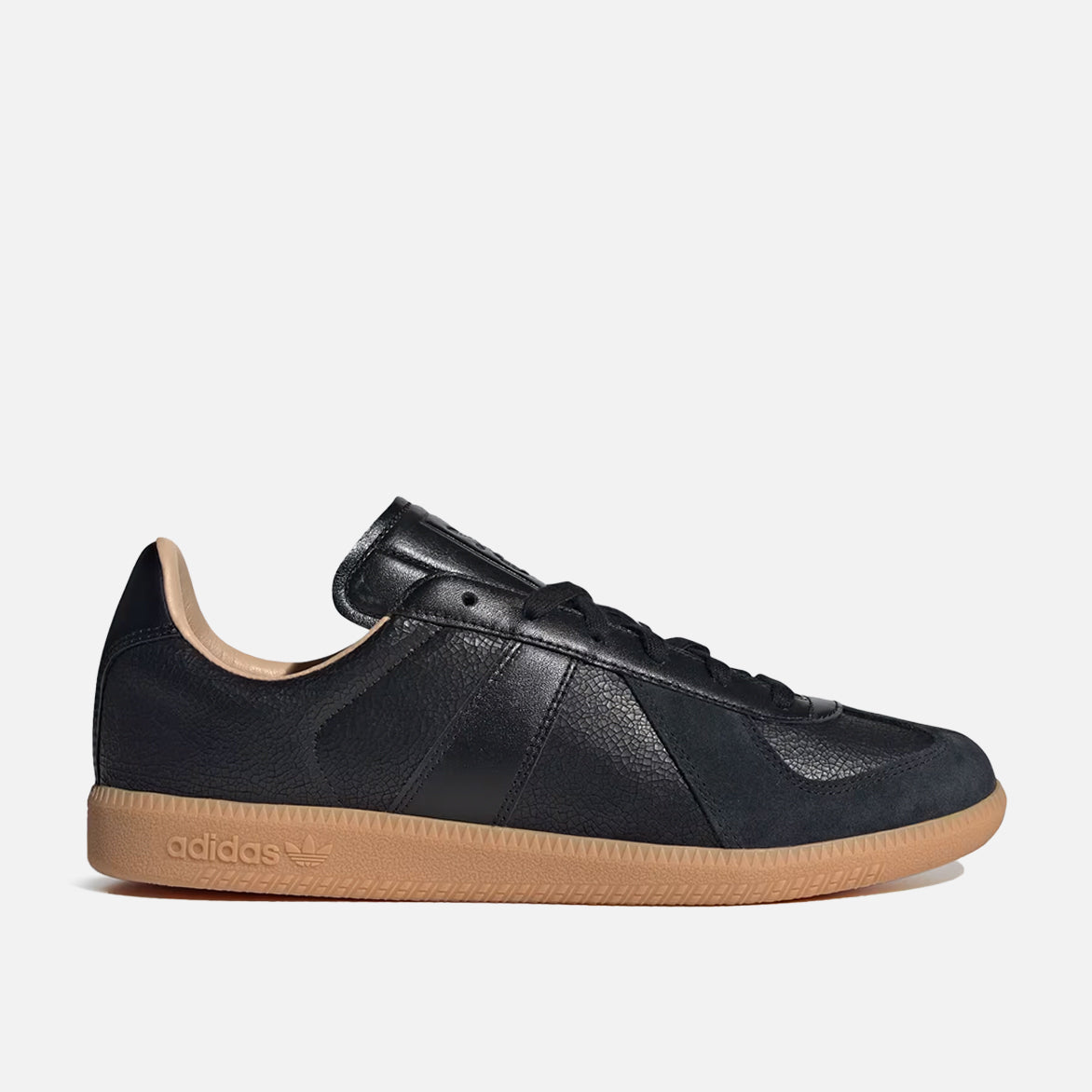 Side view of Adidas BW Army Lux sneakers highlighting the cracked leather upper and suede T-toe cap.