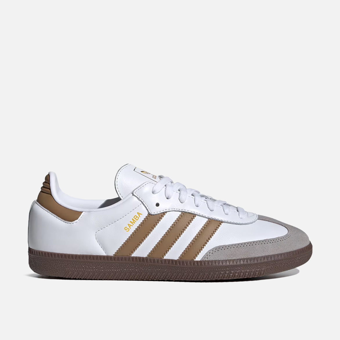 Side view of Adidas Samba OG limited edition sneakers in cloud white and brown desert colors