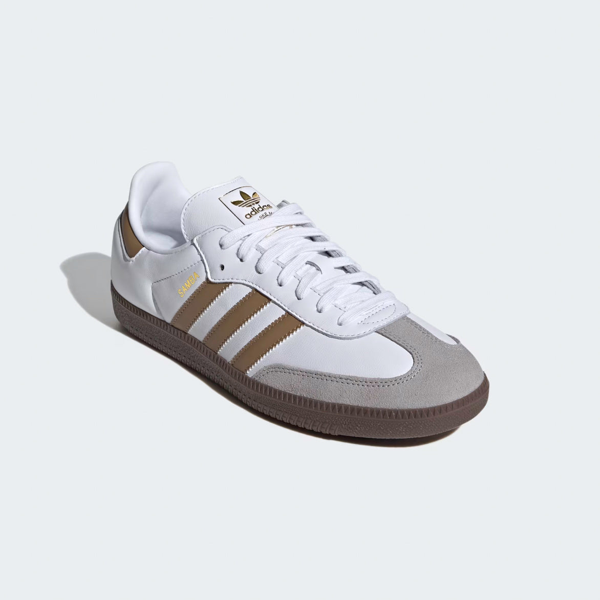Close-up of the gum rubber outsole and leather details on Adidas Samba OG shoes