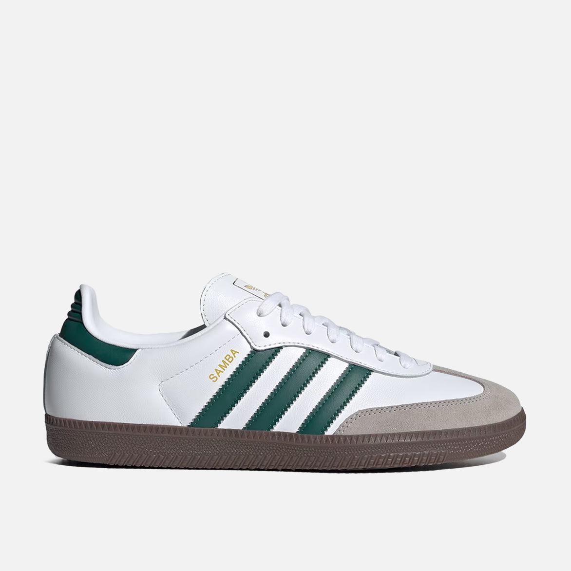 Adidas Samba OG Cloud White side profile showcasing white leather and green 3-Stripes against city street backdrop