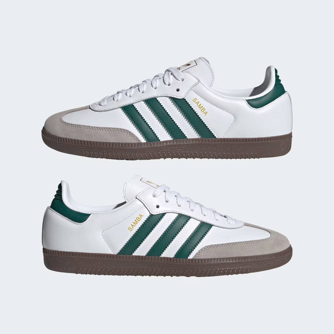 Adidas Samba OG Cloud White side profile showcasing white leather and green 3-Stripes against city street backdrop