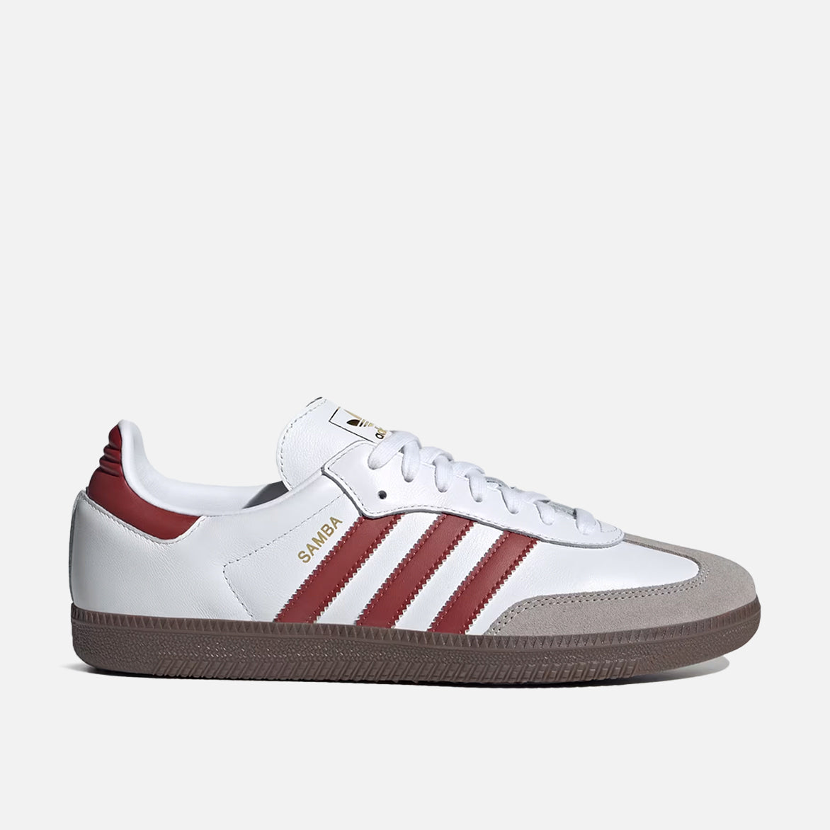 Adidas Samba OG sneakers in cloud white with grey overlays and red accents, front angle