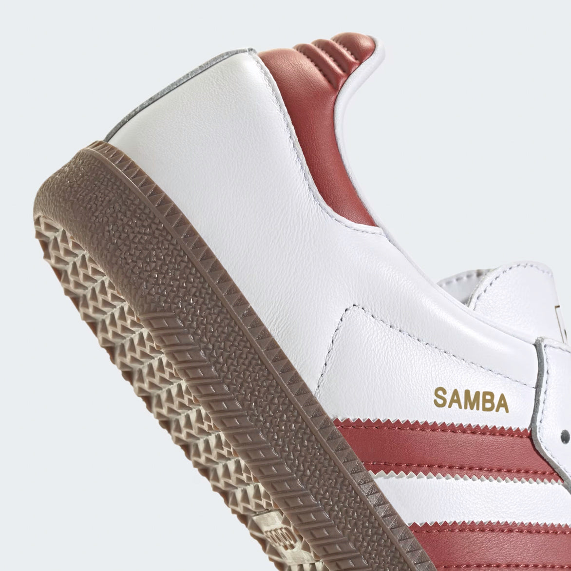 Close-up of gum rubber outsole on Adidas Samba OG sneakers, ideal for streetwear looks