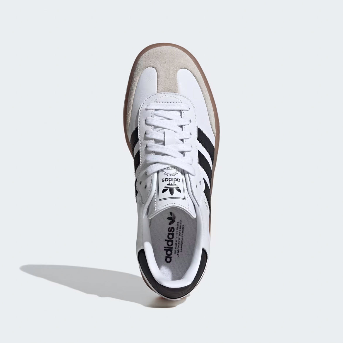 Adidas Sambae Cloud White sneakers side view highlighting the thicker sole and stylish details.