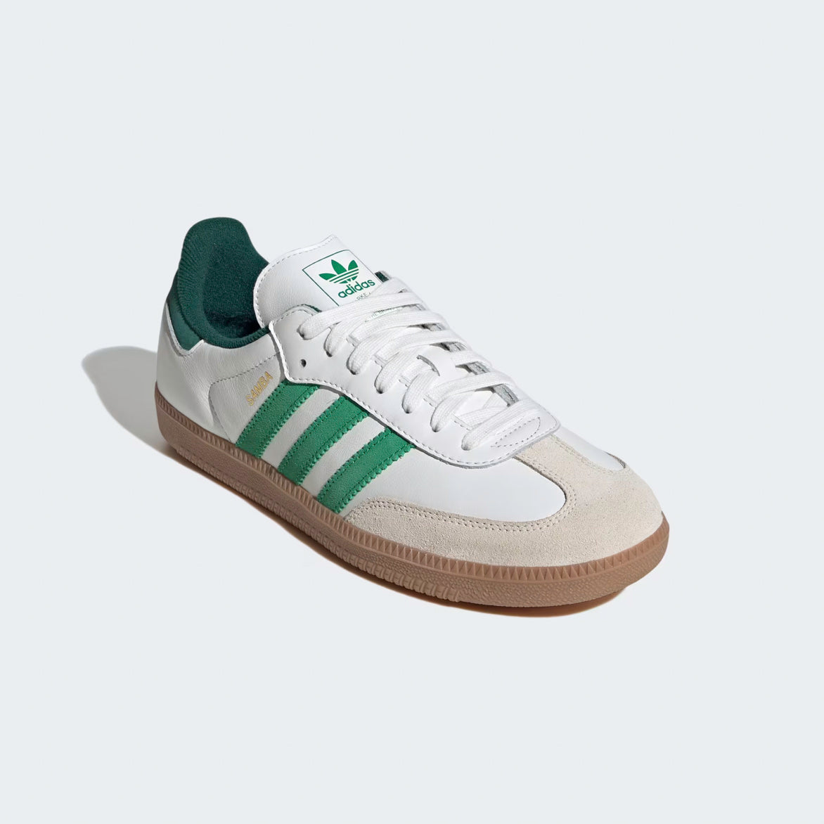 Top-down shot of Adidas Samba OG shoes showing the white laces and Trefoil tongue tag
