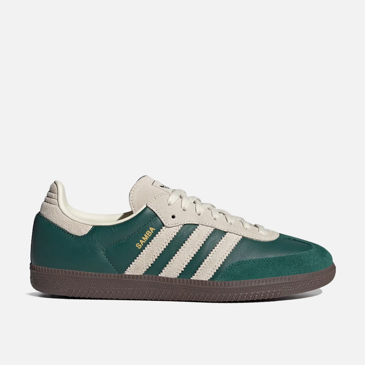 Close-up of Adidas Samba OG Sneakers in Collegiate Green, highlighting the suede and leather materials.