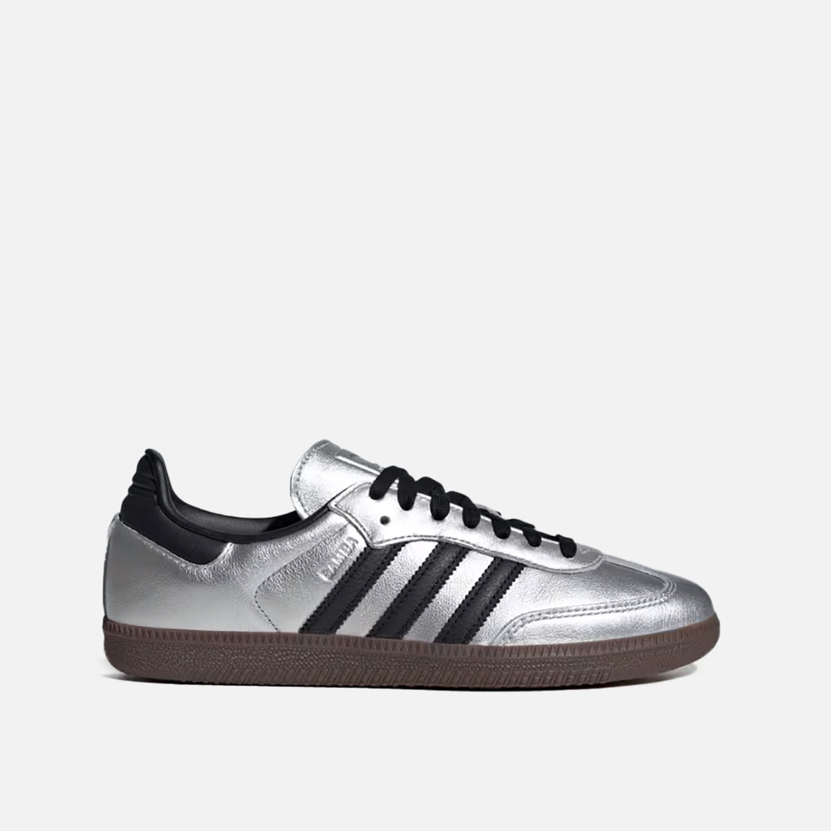 Front view of metallic silver women's sneakers with black accents