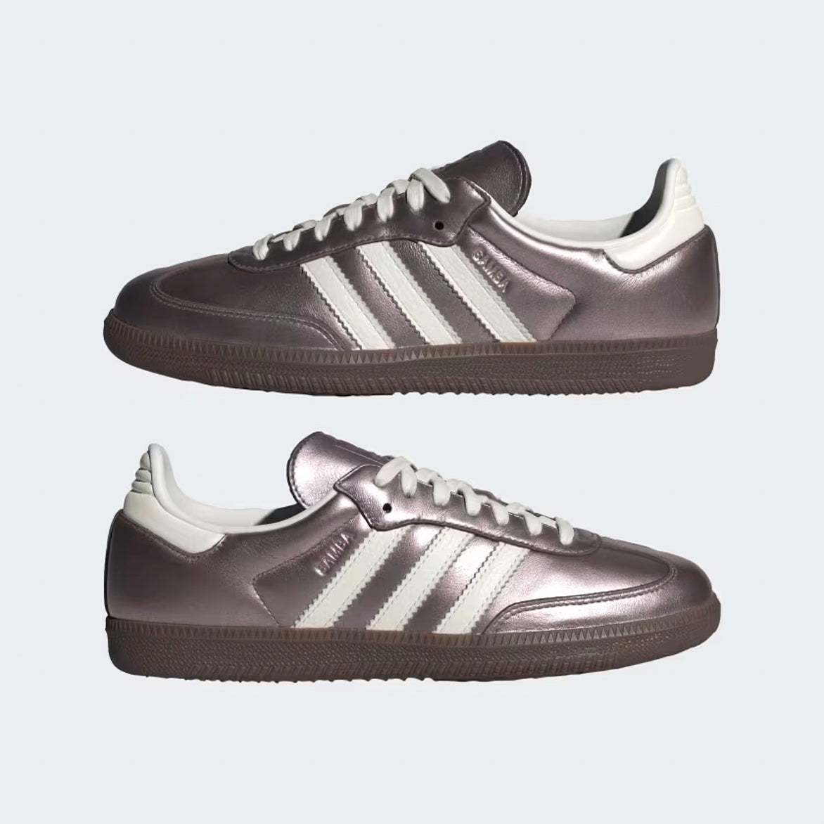 Top-down shot of women’s adidas samba sneakers in metallic purple for streetwear looks
