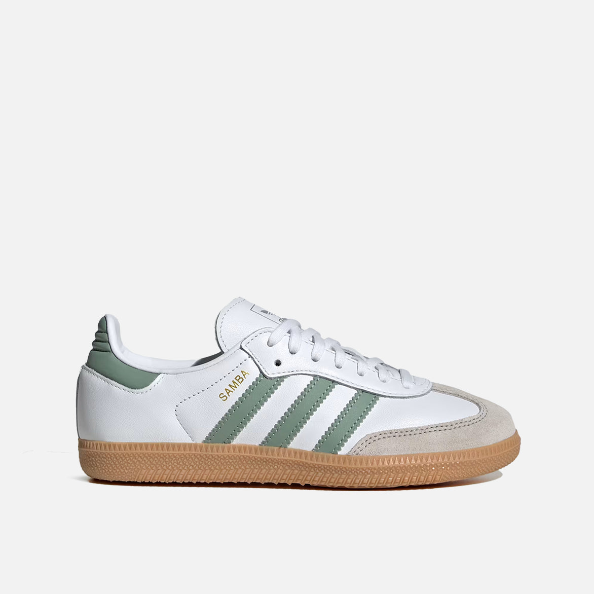 Side view of Adidas Samba kids sneakers showing the Cloud White and Silver Green colorway.