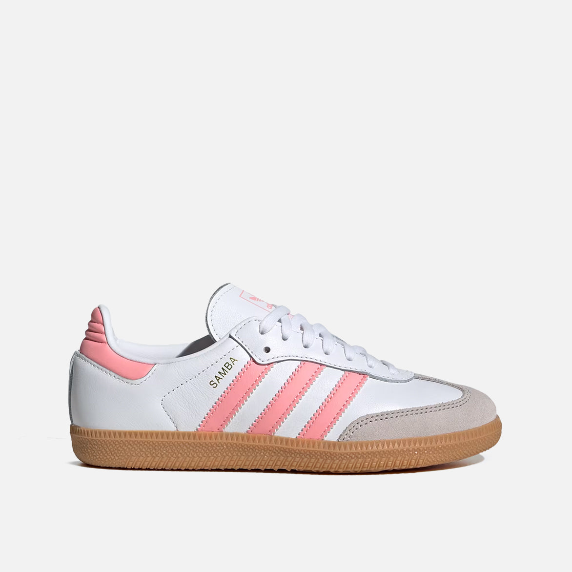 Adidas Samba OG Kids Sneakers showing the Cloud White and Semi Pink colorway from the side.