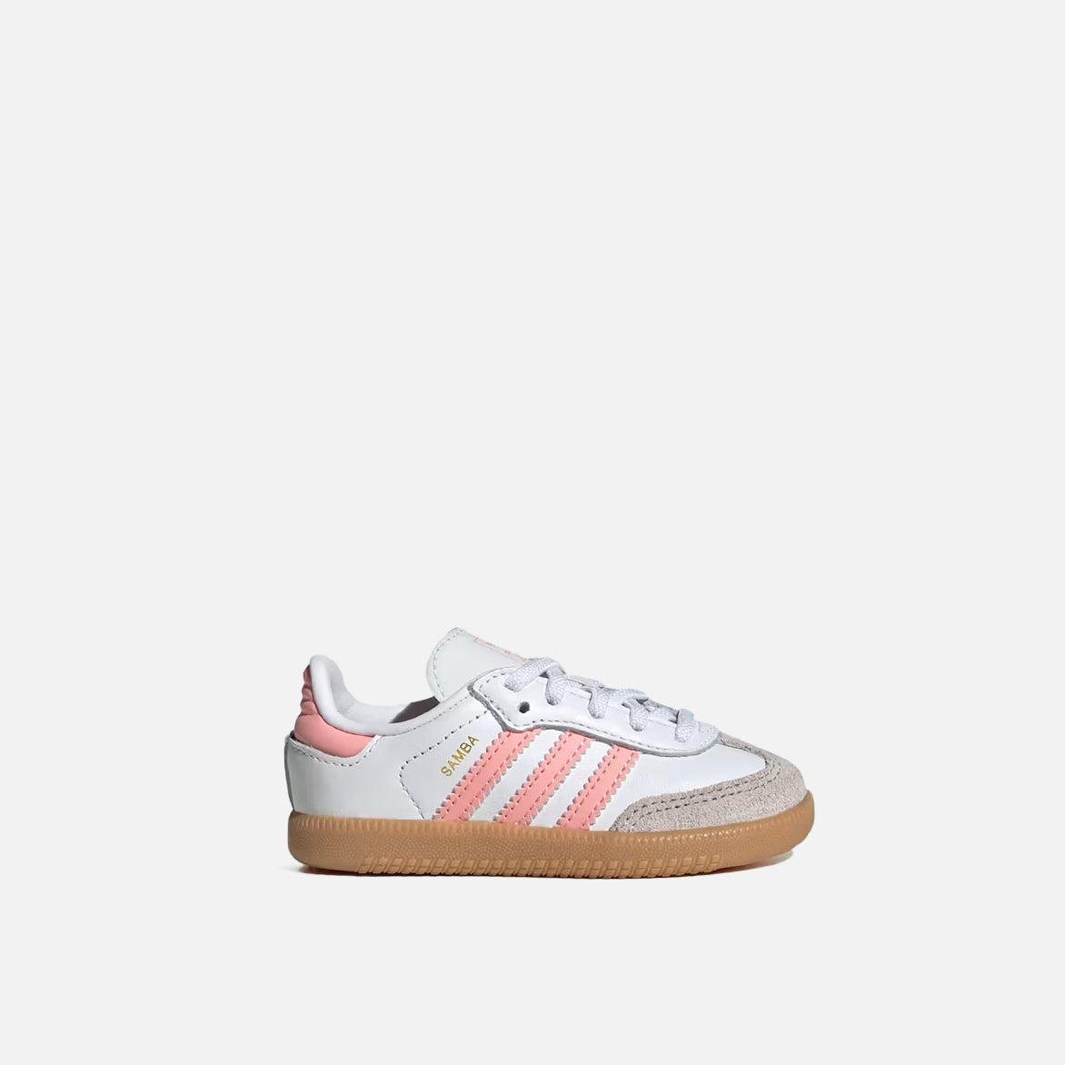 Side view of Adidas Samba kids sneakers in white and pink, ideal for casual wear.