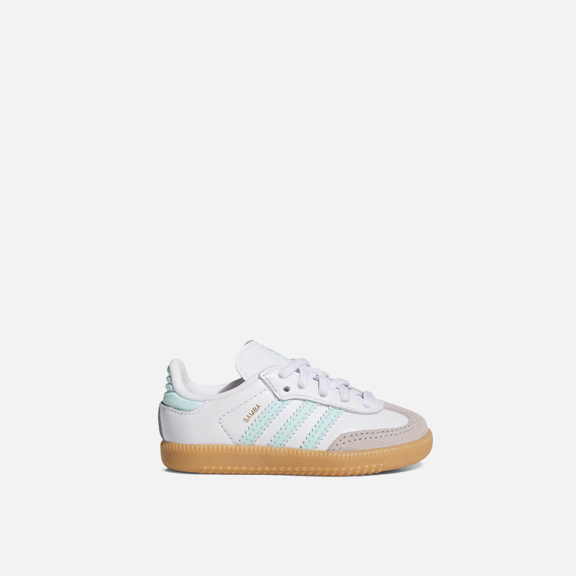 Side view of Adidas Samba OG kids sneakers in Cloud White and Aqua, highlighting the iconic three stripes.